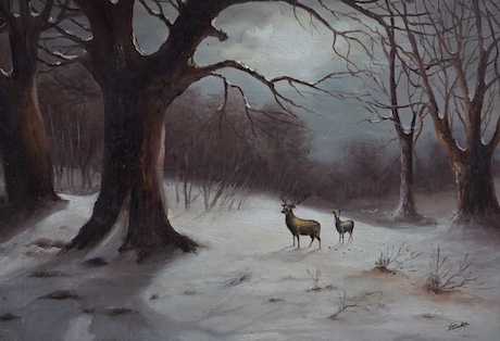 H E Austin, oil on canvas, Snowy winter landscape with two deer, signed, 27 x 40cm. Condition - good